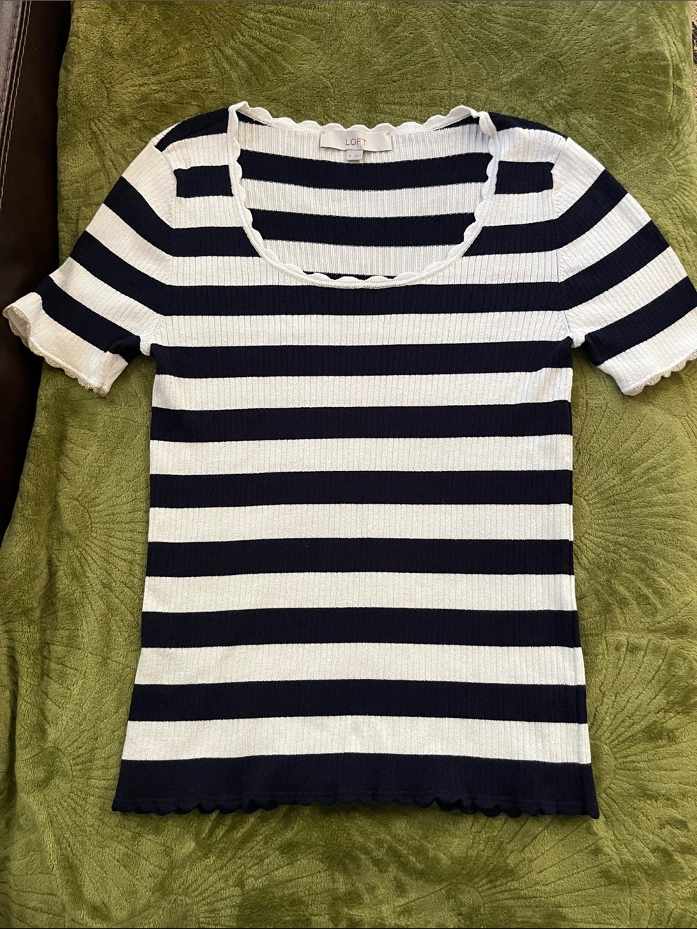 LOFT Black & White Striped Short Sleeve Ribbed Top